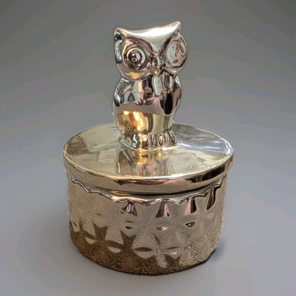 Shiraleah Chicago Gold Metallic Ceramic Owl Trinket Jewelry Box Lid Fluted